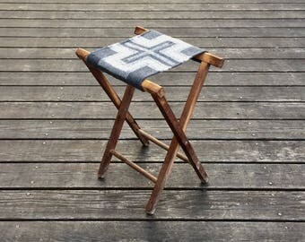 Vintage Camp Stool - Wool Seat - Cross Native Geometric Tribal