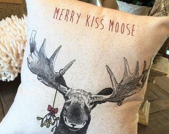 Moose Christmas Pillow, 3 sizes, rustic, Merry Kiss Moose, mistletoe, farmhouse, vintage
