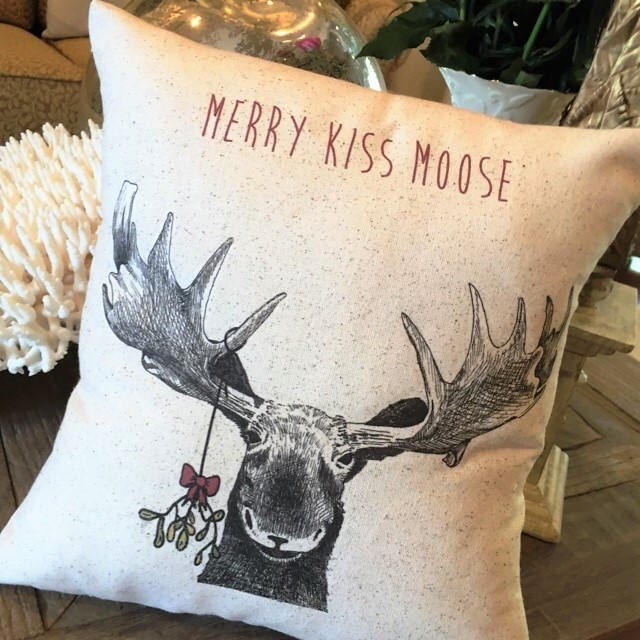 Moose Christmas Pillow 3 sizes rustic Merry Kiss Moose