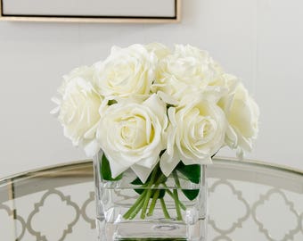 Real Touch White Roses Arrangement Artificial Faux Silk Flowers Square Glass Vase for Home Decor