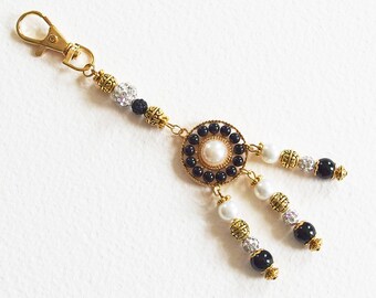 Porte-Clé Bijou de Sac Chic et Elégant - Strass, perles Bohème et Shamballa, métal doré - Bijou créateur, pièce unique