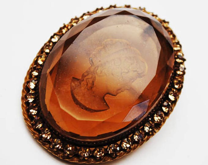 intaglio cameo Brooch - reversed Carved - Women Profile - topaz brown glass - Champagne rhinestones - Gold plated