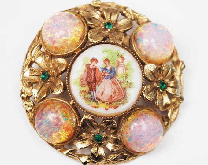 Limoge Fragonard Style Brooch - painted porcelain - Courting Couple Brooch - gold metal - green Rhinestone - Pink Art Glass