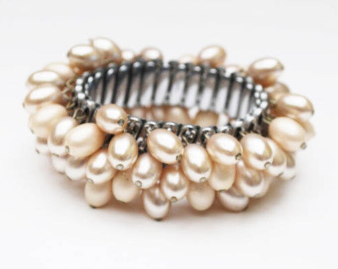 Pearl Expansion Bracelet - cha cha stretch bangle - creamy off white oblong beads