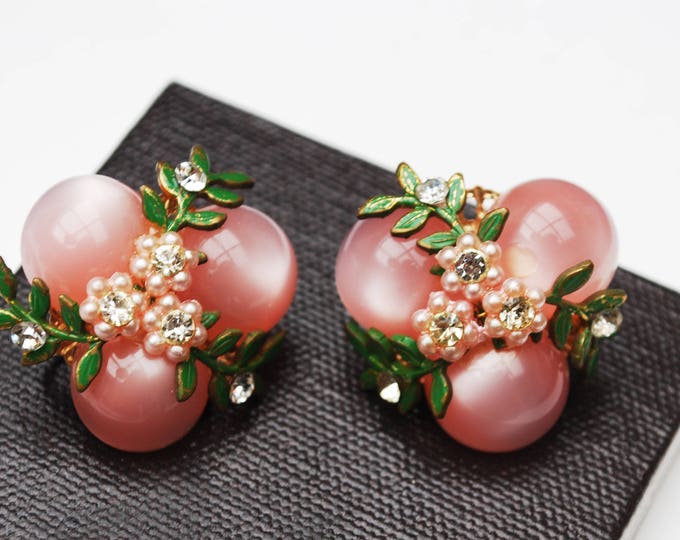 Pink flower earrings - moonglow Lucite - Clear rhinestone -White Pearl- Green Enamel - Clip on earrings