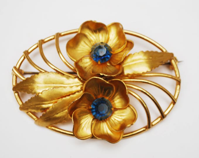 Blue Rhinestone Flower Brooch - Oval - Gold repousse Leaf - Floral flower pin