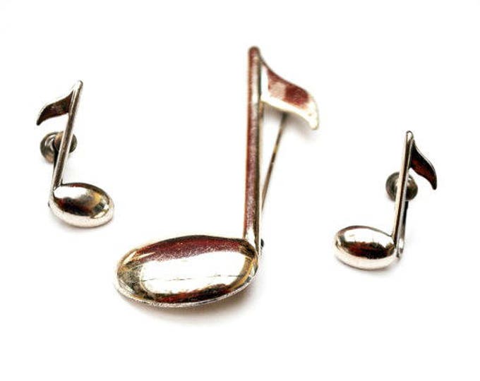 Sterling Music Note Brooch and Earring set - Signed Beau -Silver figurine pin -Screw back earrings