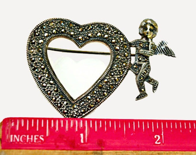 Sterling Heart Brooch - Sterling Silver - Marcasite - Cupid pin