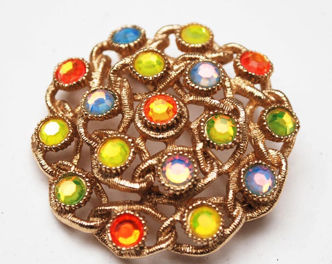 Sarah Cov Rhinestone brooch - moon Lite - orange yellow green crystal - gold - Floral pin -