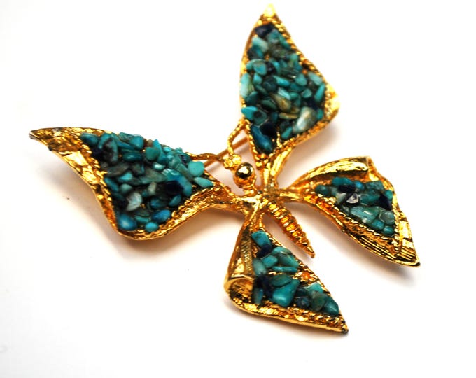 Turquoise Chip Butterfly Brooch - Agua Blue Gemstone - Gold metal - Insect Pin