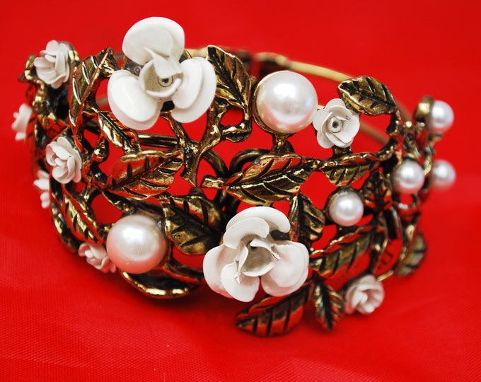 Flower clamper Bracelet - Gold repouse - white pearls,enamel flowers - wide Hinged bangle