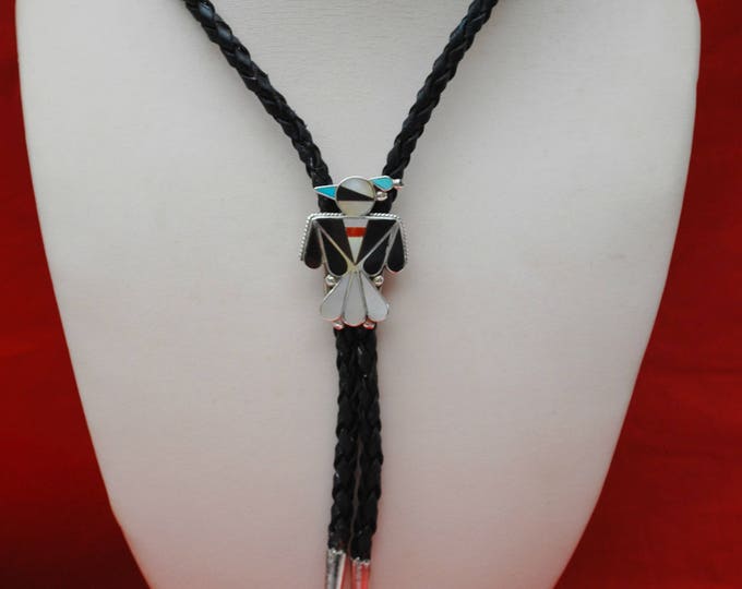 Thunderbird Bolo Tie - Gemstone inlay- Turquoise Onyx Coral Mother of Pearl - Leather - Sterling - SouthWestern - Zuni Tribal