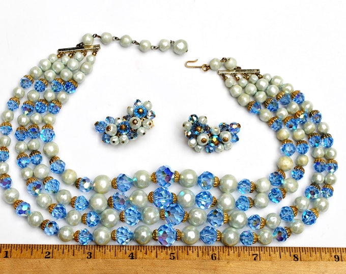 Blue Crystal white pearl Bead Necklace and earring set - Signed Laguna - Aurora borealis - multi strand - Mid century