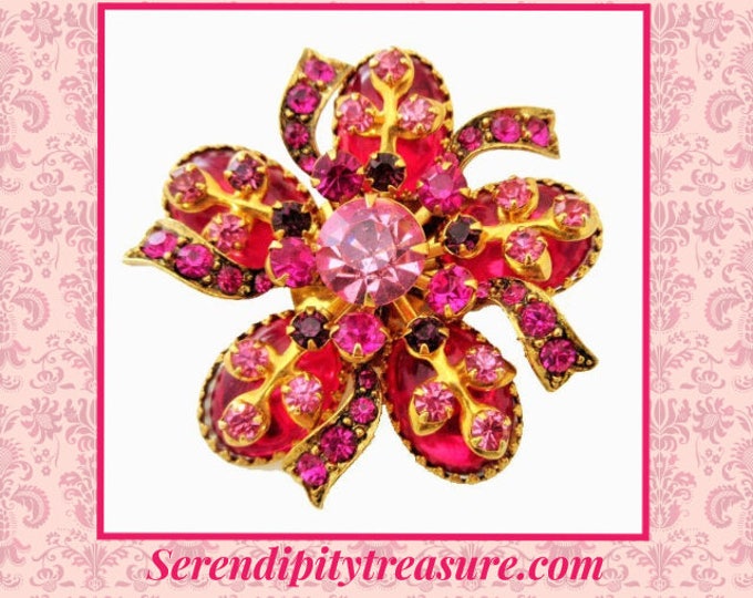 Pink rhinestone Brooch - Pronged Glass rhinestone - Flower with Bow - Floral Gold Metal pin - mid century