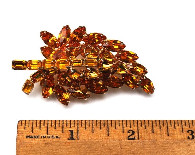 Rhinestone Brooch - signed Kramer of New York - Orange Crystal - leaf floral flower -gold plated metal - Mid Century - Large Pin