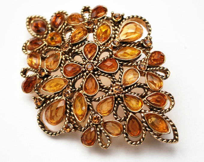 Monet Amber rhinestone Brooch - Yellow orange Lucite - gold - Mid Century - signed jewelry Pin