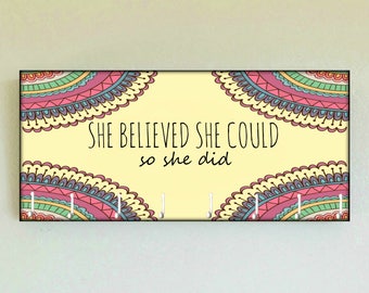 Race Medal Holder /  Race Medal Hanger "She Believed She Could So She Did" Wood Wall Mounted Wood Organizer. CUSTOMIZATION Available