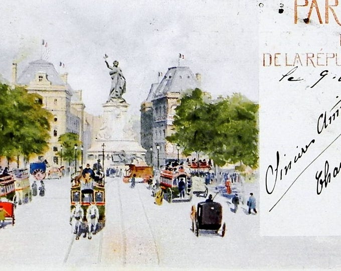 Antique French Colored Print Postcard of Paris Place de La Republique with Horse and Wagon Posted on September 1903, Parisian Street Card