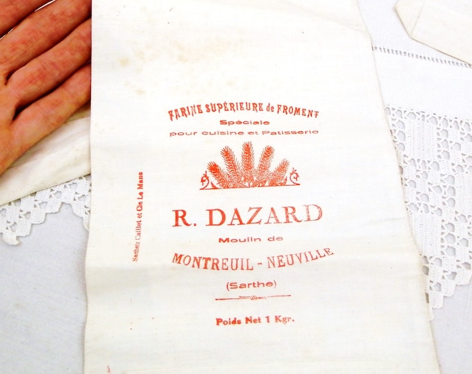 Antique Unused French White Cotton Fabric 1 kg Flour Sack with Red Lettering from Sarthe in Western France, Grain Sack, French Fabric Bag