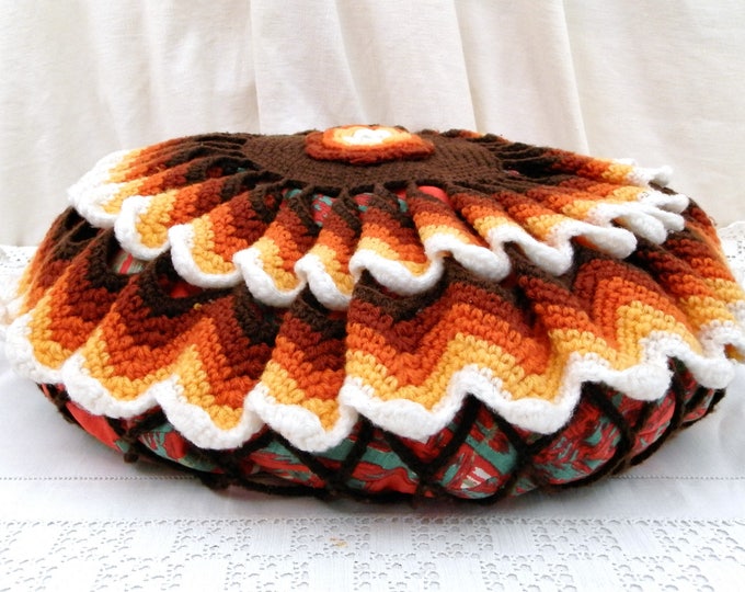 Vintage 1960s Large Round Decorative Pillow Crochet Cover, Midcentury 70s Home Decor Woollen Cushion Cover, French Handmade Pillowcase