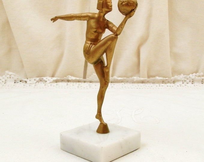 Small Vintage Reproduction 1930s Art Deco Sculpture Woman with Ball / Globe on White Marble Base, 30s Style Statue Gold Sportswoman Trophy