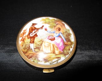 Limoges Powder Compact Fragonard, Stamped Made in France, french antique porcelain courting couple case vintage