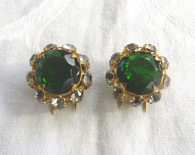 Vintage French Dress Clips, French Fur Clips, Art Glass Clips, Green Faceted stone, Paris Jewelry, Art Deco Jewelry, Spectacular!