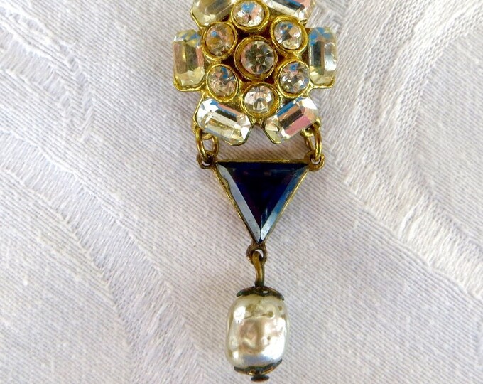 Vintage Baroque Pearl Brooch, Rhinestone Heraldic Pin, Baroque Pearl Dangle, Vintage Heraldic Jewelry