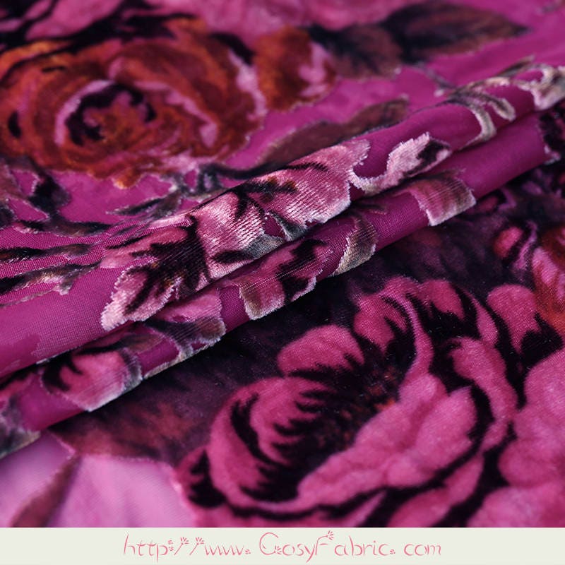 Rosy Silk etchedout Velvet Apparel Fabric with Rose Floral Pattern