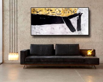 72" Original Abstract Acrylic Painting Extra Large Gray Black Yellow Mustard White Wall Art Modern Art Decor UNSTRETCHED AUXXL021