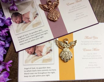 25 PC tarjetas de Recuerdo Bautizo bautismo rosa oro Angel Favor / Favor del bautizo tarjetas / Gracias cristal tarjetas de Rosario