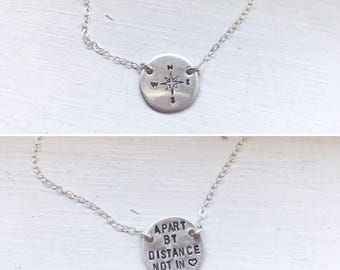 Compass necklace, coordinates, metal stamped, personalized, coin disc necklace, bridesmaid gift, long distance relationship, graduation gift