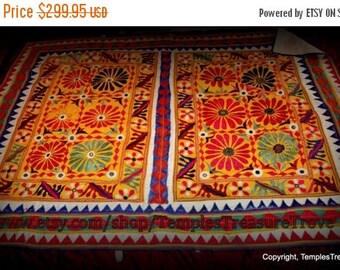 CIJ Vintage OOAK Rabari Tribal Embroidered Mirrored Patchwork Textile East Indian Wall Hanging Bed Cover Quilt Festival Gear Picnic Blanket