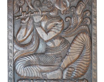 Joyful Vintage Hand Carved Fluting Krishna Carving Wall Sculpture , Panel, Yoga, Meditation, Spiritual Zen Decor