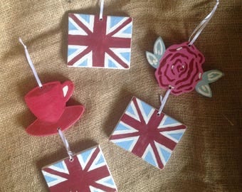 Tea Cup and Union Jack or Rose and Union Jack Wooden Hanging Decoration. Customised/Personalised to Order.