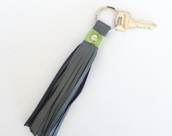 Freya Leather Tassel Key Ring: Charcoal Grey with Lime Green