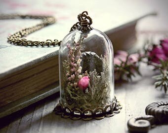 Ammonite Necklace Terrarium Pendant Fossil Jewelry Nautilus Glass Dome Specimen Jar Pyrite Botanical Heather Moss Seeds Star Daisy Miniature