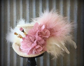 ON SALE Mini Top hat Pink, Blush hat, Alice in Wonderland, Mad Hatter Hat, Wedding Mini top hat, Tea Party Hat, Royal Ascot, Kentucky Derby
