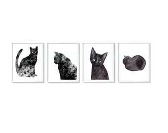 Black Cats Print Set Of 4 Art Prints Minimalist Black and White Prints Black Cat Decor Cat Prints Watercolor Painting Unframed Wall Decor