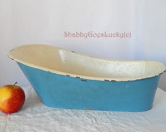Large antique 1920s doll bathtub made of tin, blue white 16 inches doll bathroom bath tub, vintage doll furniture for large dolls or bears