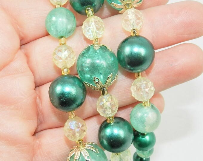 Vintage 1950 Triple Green Beaded Necklace made Japan Beaded Jewelry Jewellery Multi-Strand Beaded Christmas Holiday Festive Necklace