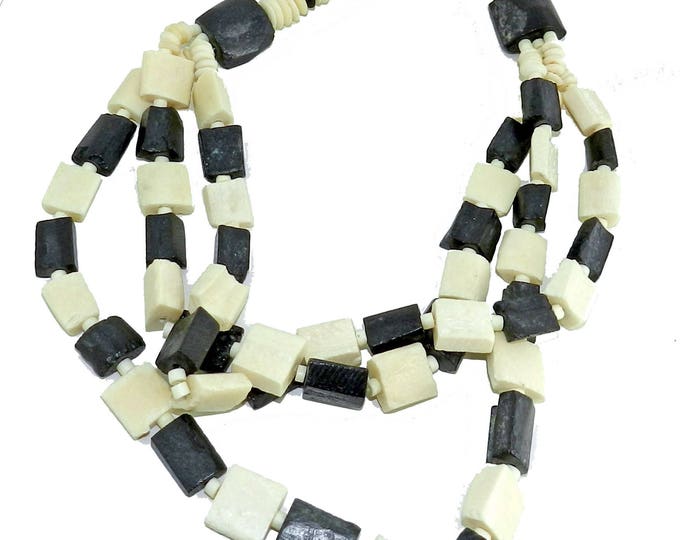 BOHO Beaded Necklace, Triple Strand bone Beaded necklace, Black and White Necklace Jewelry, Vintage 1970s 1980s fashion statement, gift for