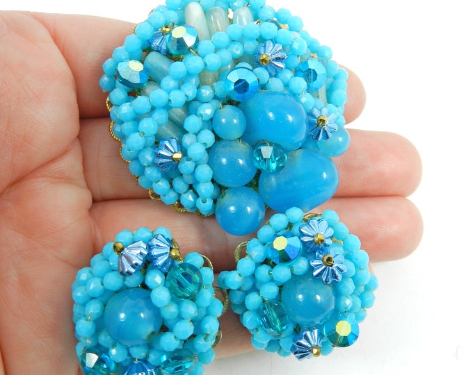 Miriam HASKELL Aqua Blue Seed Bead Brooch Czech Glass Unsigned Early Piece, Collectible Vintage Costume Jewelry, Rare Hard to Find