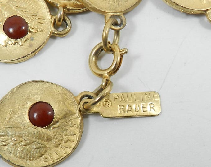 Iconic PAULINE RADER Coral Glass Gold Roman Coin Necklace. Pauline Rader signed Costume Jewelry, Collectible fashion vintage, gift for her