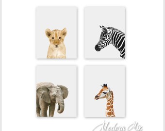 Safari Nursery Decor, Nursery Wall Art, Baby Animal Prints, Jungle Animals, 8x10 Wall Decor, Kids Room Lion Elephant Zebra Giraffe Set of 4