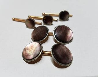 Art Deco Gold Filled Heller Abalone Cuff Link and Tuxedo Stud Set