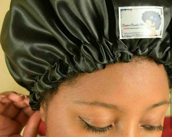 Black on Black Satin Bonnet|Adult Bonnet|Big Hair|Hats & Caps|Satin|Hair Care|Satin sleep cap|Bonnet pattern|Natural Hair