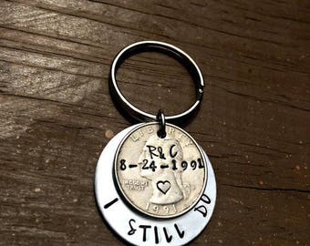 Husband Gifts, 25th Anniversary Gift For Men, Quarter Jewelry, 25 Years, Personalized Gift, Hand Stamped, Couples Key Chains, Gifts for Him