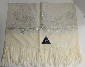 22" x 64" E'legant Evening Stole Soie Et Laine (Silky Wool) White Silver Metallic Shawl
