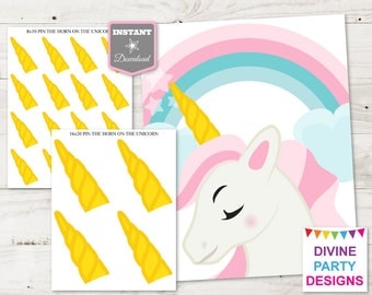 INSTANT DOWNLOAD Printable Pin the Horn on the Unicorn Game / Print as 8x10 or 16x20 / Unicorn Collection / Item #3503